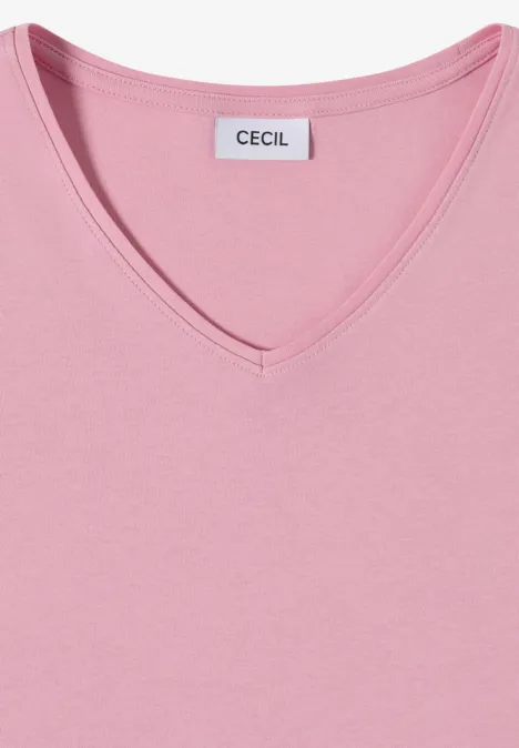 Ein schlichtes pinkfarbenes V-Neck-Shirt mit Markenlabel CECIL, aus weichem, glattem Stoff.