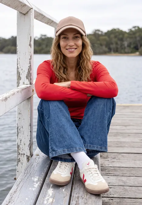 Une femme souriante en pull rouge et jeans est assise sur une jetée au bord de l'eau, coiffée d'une casquette beige.
