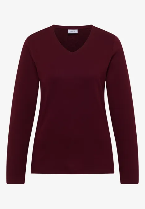 Langarm Shirt in Unifarbe mit V-Neck red wine Feinstrick-Pullover mit V-Ausschnitt, langärmelig und in tiefem Burgunderrot.