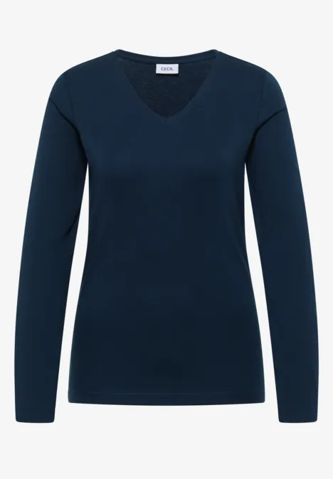 Dunkelblaues, langärmeliges Damen-Shirt mit V-Ausschnitt.