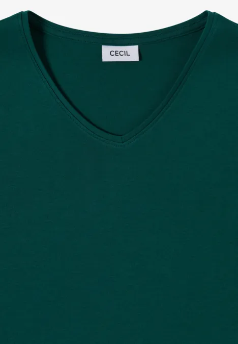 Dunkelgrünes V-Ausschnitt-Shirt mit dezenter 'Cecil'-Markenlabel im Nacken.
