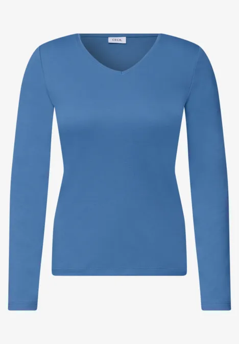 T-shirt femme bleu à manches longues et col en V élégant.