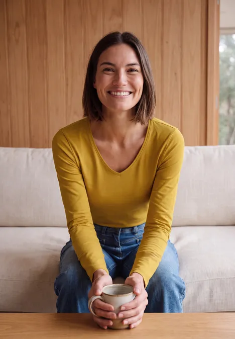 Une femme souriante est assise sur un canapé en tenant une tasse.