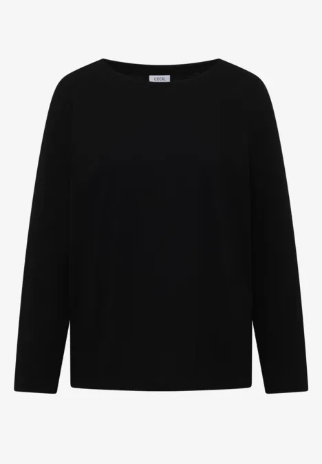 Langarm Shirt mit U-Boot-Ausschnitt Black Schwarzes Langarmshirt aus weichem Material auf weißem Hintergrund.