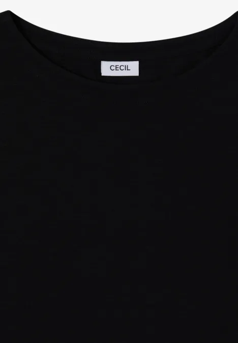 Langarm Shirt mit U-Boot-Ausschnitt Black Schwarzes T-Shirt mit rundem Ausschnitt und CECIL-Label am Kragen.