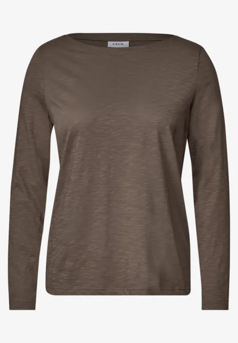 Braunes Langarmshirt mit Rundhalsausschnitt und schlichter, unifarbener Optik.