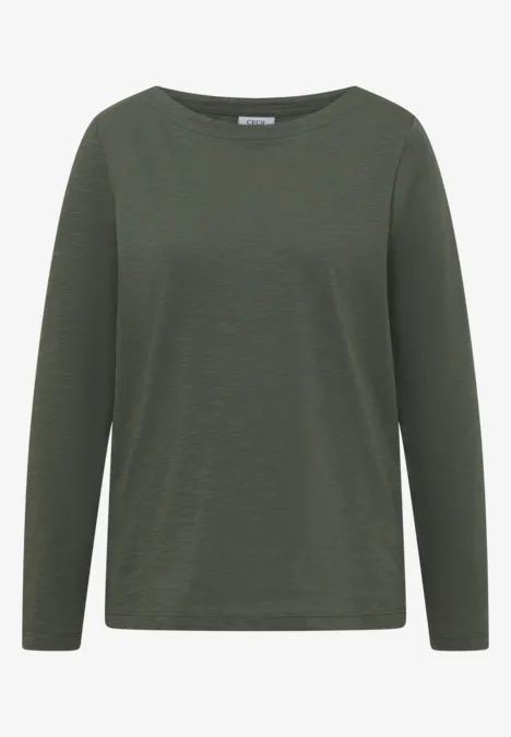 Langarm Shirt mit U-Boot-Ausschnitt dried olive green Ein dunkelgrünes, schlichtes Langarmshirt mit Rundhalsausschnitt.