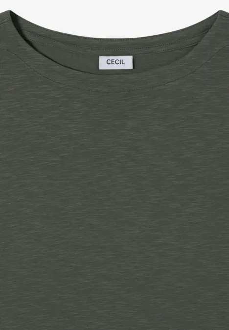 Langarm Shirt mit U-Boot-Ausschnitt dried olive green Olivgrünes T-Shirt mit Rundhalsausschnitt und feiner Melange-Optik von Cecil.