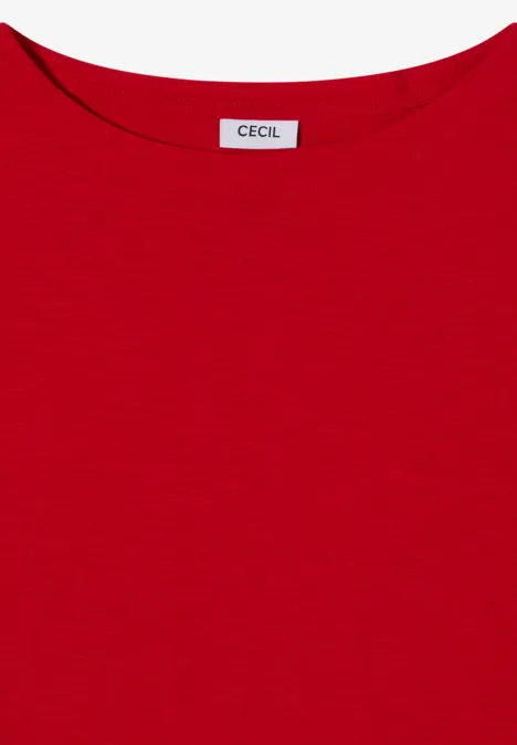 Langarm Shirt mit U-Boot-Ausschnitt flame red Rotes T-Shirt mit Rundhalsausschnitt und "CECIL"-Etikett am Kragen