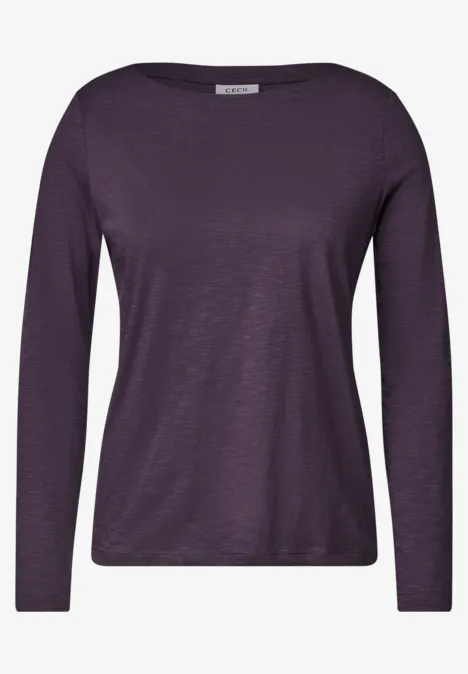 Schlichtes langärmeliges Damen-Shirt in dunklem Lila mit Rundhalsausschnitt.