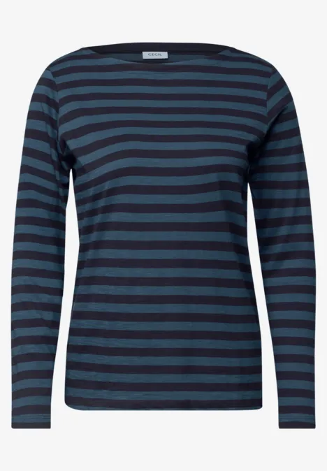 Langarm Shirt mit Boat Neck und Streifen urban dark blue Damen-Langarmshirt mit dunkelblauen und marineblauen horizontalen Streifen.