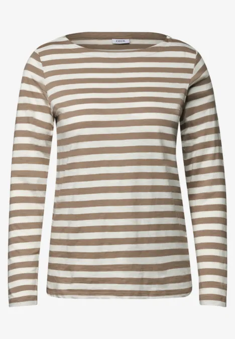 Dames longsleeve met witte en beige horizontale strepen en ronde hals.