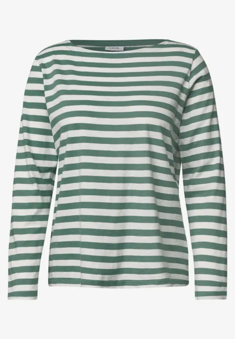 Damen-Langarmshirt mit weißen und grünen Querstreifen, legerer Passform.