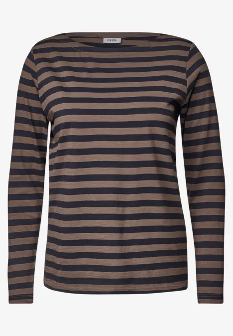 Haut femme à manches longues rayé marron et bleu marine.