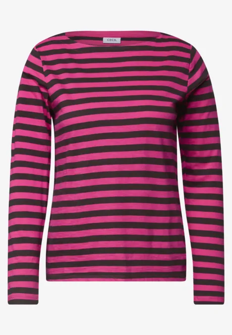 Dames longsleeve met roze-zwarte horizontale strepen