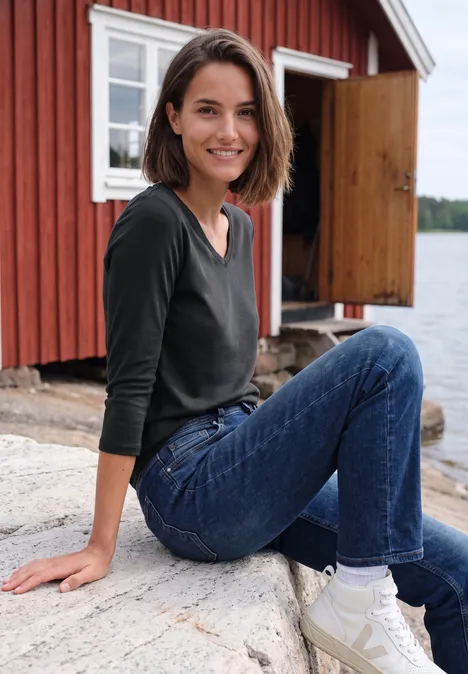 Femme assise en jean devant une cabane rouge au bord du lac avec un sourire