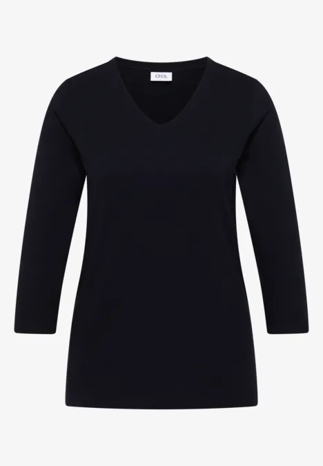 3/4-Arm Shirt in Unifarbe mit V-Neck urban dark blue Schwarzes V-Ausschnitt-Shirt mit 3/4-Ärmeln vor weißem Hintergrund.