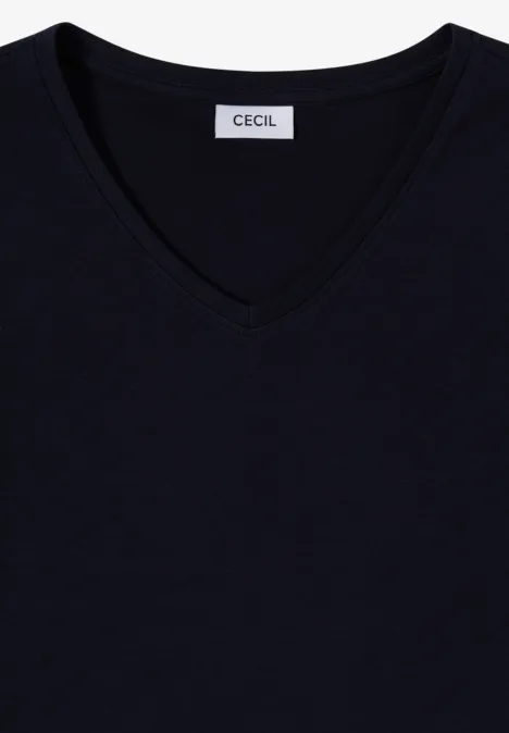 3/4-Arm Shirt in Unifarbe mit V-Neck urban dark blue Schwarzes V-Ausschnitt-Shirt mit 'Cecil'-Label am Kragen.