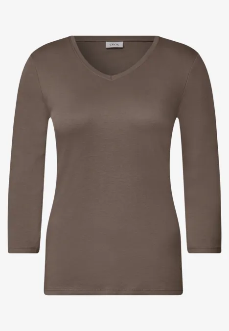 Pull marron à col en V pour femme, manches 3/4.