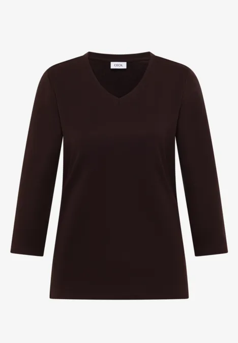 3/4-Arm Shirt in Unifarbe mit V-Neck truffle brown Braunes Damen-Shirt mit V-Ausschnitt und 3/4-Ärmeln, zeitloses Basic.