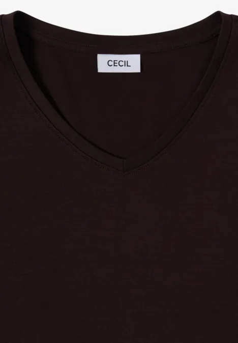 3/4-Arm Shirt in Unifarbe mit V-Neck truffle brown Braunes Kurzarm-V-Shirt mit V-Ausschnitt und weißem CECIL-Label am inneren Kragen