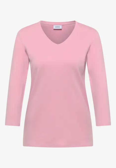 3/4-Arm Shirt in Unifarbe mit V-Neck mellow rose Hellrosa Damen-Langarmshirt mit V-Ausschnitt