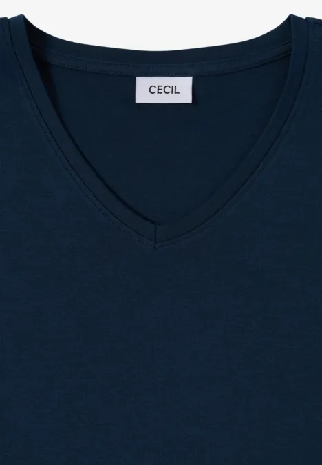 3/4-Arm Shirt in Unifarbe mit V-Neck moonlight blue Dunkelblaues V‐Ausschnitt‐Shirt mit Markenlabel 'CECIL'.