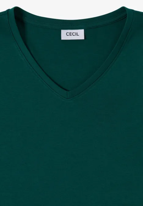 3/4-Arm Shirt in Unifarbe mit V-Neck dark fir green Grünes V-Ausschnitt-Shirt mit 'CECIL'-Label, schlicht und elegant.