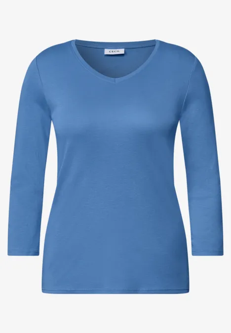 Blaues Damenshirt mit 3/4-Ärmeln und V-Ausschnitt.