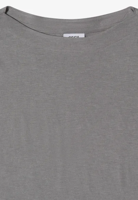 Schlichtes graues T-Shirt mit rundem Ausschnitt und kurzen Ärmeln.