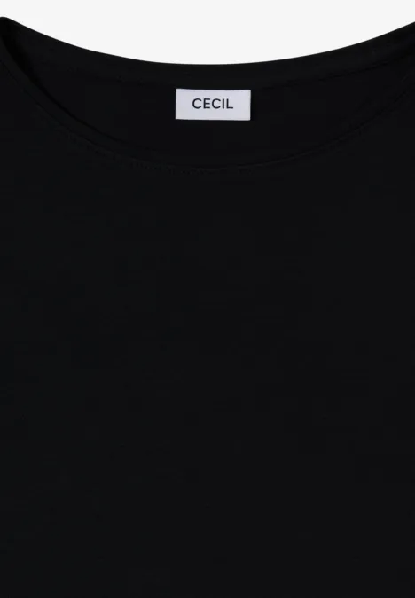 Langarm Shirt mit U-Boot-Ausschnitt Black Schwarzes T-Shirt mit Rundhalsausschnitt und weißem CECIL-Label am Kragen.
