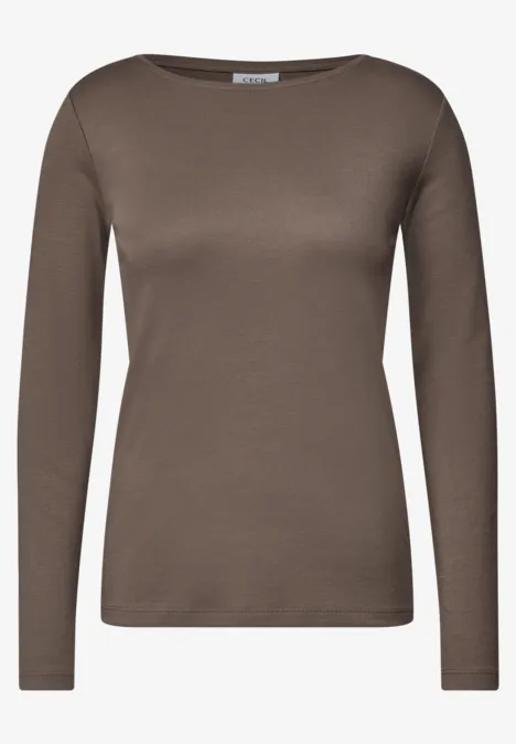 Schlichtes, langärmeliges Damen-Shirt in Braun mit Rundhalsausschnitt.
