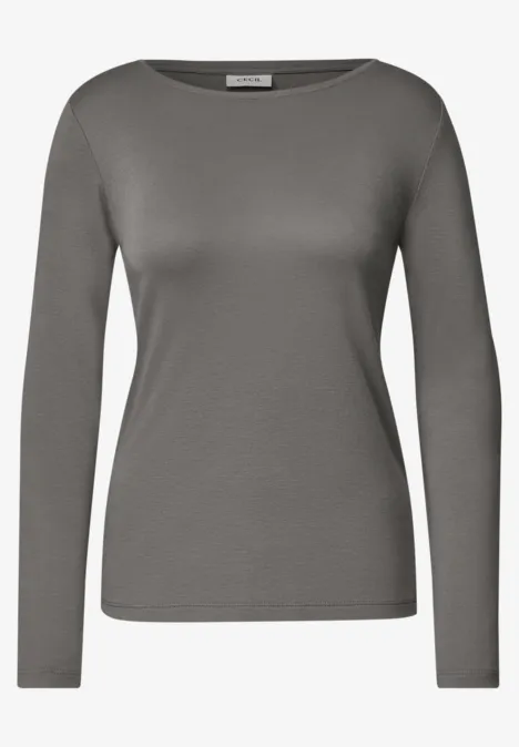 Graues, schlichtes Damen-Langarmshirt auf weißem Hintergrund.