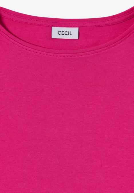 Langarm Shirt mit U-Boot-Ausschnitt pink flash Helles pinkfarbenes T-Shirt mit Rundhalsausschnitt und Markenlabel CECIL im Nackenbereich.