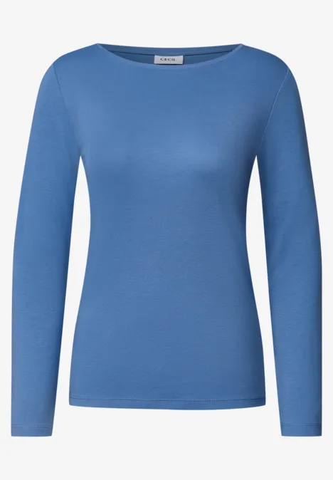 Langarm Shirt mit U-Boot-Ausschnitt north blue Blaues, figurbetontes Langarm-Shirt für Damen mit rundem Ausschnitt.