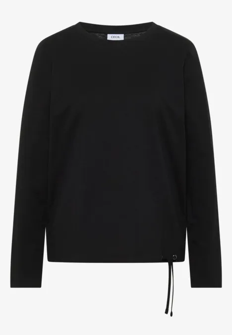 Schwarzes Langarmshirt mit rundem Ausschnitt und seitlicher Kordel am Saum.