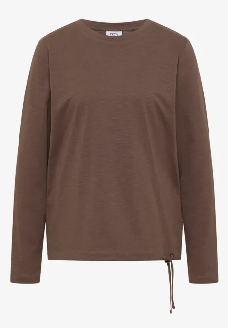 Braunes Langarmshirt mit Rundhalsausschnitt und seitlicher Schnürung.