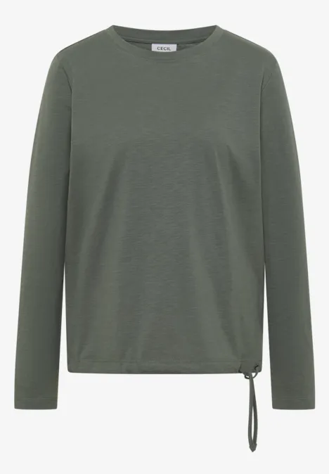 Dunkelgrünes, langärmeliges Shirt mit Rundhals und Kordelzug am Saum.