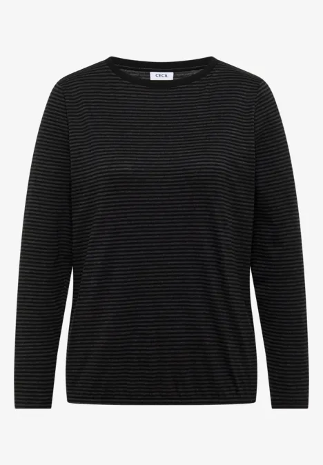 Schwarzes eng anliegendes Langarmshirt mit feinen, dezenten Streifen