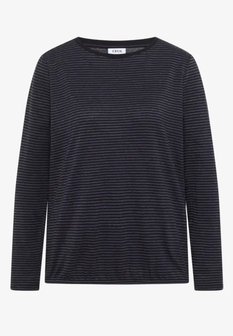 Schwarzes Langarmshirt mit feinen grauen Querstreifen, schlicht und zeitlos.