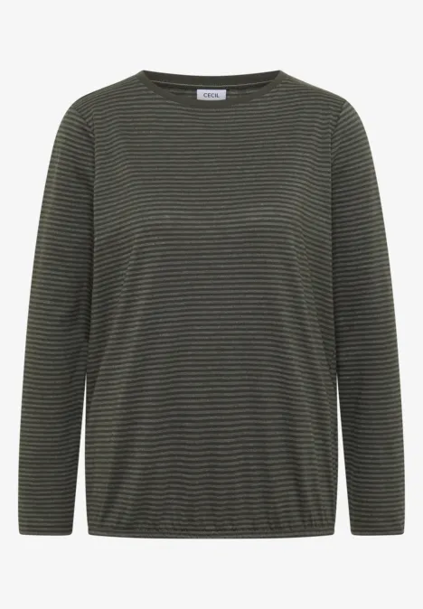 Dunkelgrünes, fein gestreiftes Langarmshirt mit Rundhalsausschnitt