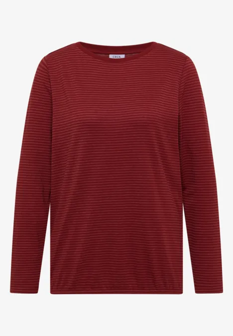Langarm Shirt mit Boat Neck und Streifen russet red Dunkelrotes Langarmshirt mit feinen Querstreifen und rundem Ausschnitt.