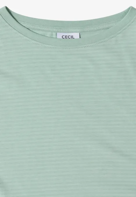Hellgrünes gestreiftes T-Shirt mit Rundhalsausschnitt und Markenlabel "CECIL" am Nacken.