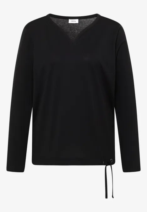 Shirt mit Split Neck im Tunika-Look Black Schwarzes Langarmshirt mit V-Ausschnitt und seitlicher Kordel am Saum.