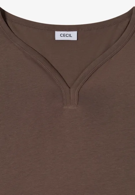 Shirt mit Split Neck im Tunika-Look urban taupe Schlichtes braunes Damen-T-Shirt mit V-Ausschnitt und dezentem CECIL-Logo am Kragen.