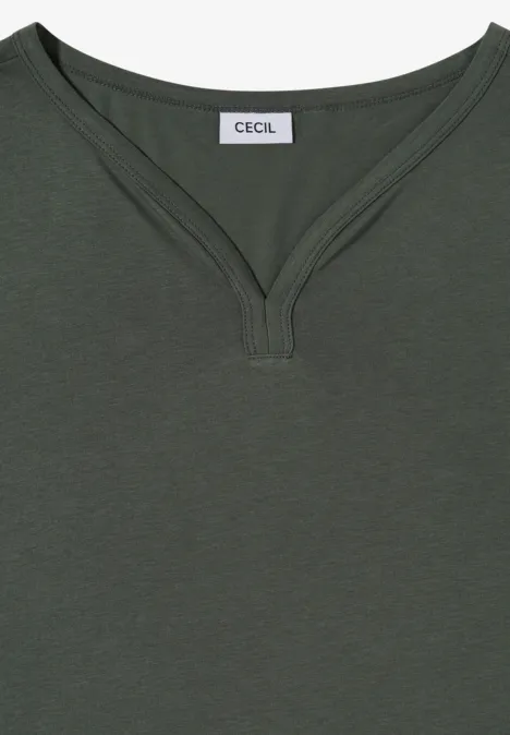 Shirt mit Split Neck im Tunika-Look dried olive green Dunkelgrünes Kurzarmshirt mit V-Ausschnitt und Nahtdetail, Marke Cecil
