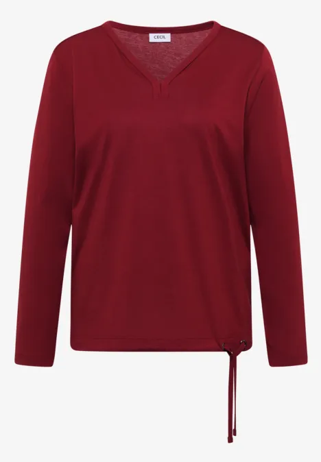 Shirt mit Split Neck im Tunika-Look russet red Rotes Langarmshirt mit V-Ausschnitt und Kordelzug am Saum.