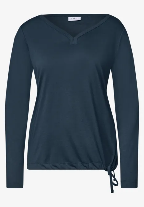 Shirt mit Split Neck im Tunika-Look moonlight blue Dunkelblaues Damenshirt mit langen Ärmeln, V-Ausschnitt und seitlicher Schnürung am Saum.