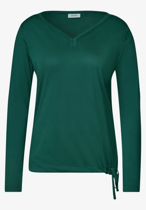 Dunkelgrünes Damen-Shirt mit V-Ausschnitt, langen Ärmeln und seitlicher Schnürung.