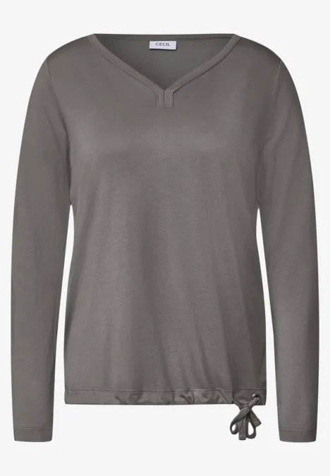 Shirt mit Split Neck im Tunika-Look storm grey Graues Langarmshirt mit V-Ausschnitt und Tunnelzug am Saum.